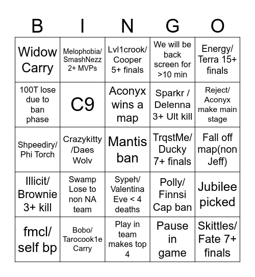 Mid Season Finals Bingo Card