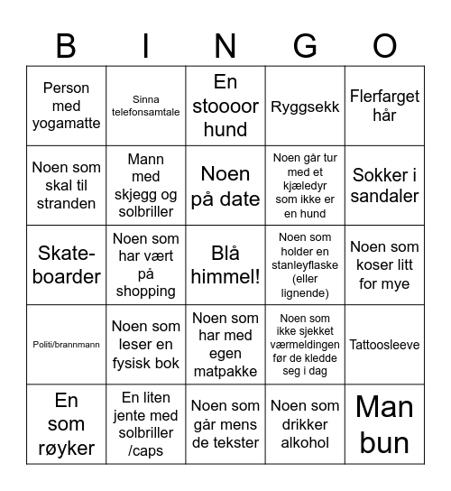 People Watching Bingo Card