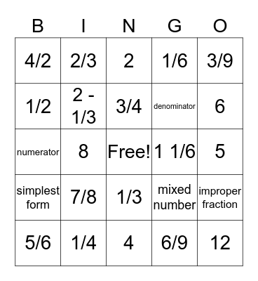 Fraction Bingo Card