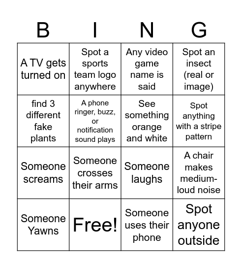 Dinner Bingo Card