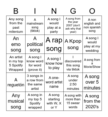 Mp3 songs bingo Card