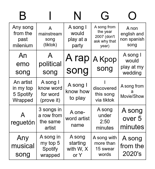 Mp3 songs bingo Card