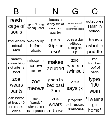 zoe bingo Card