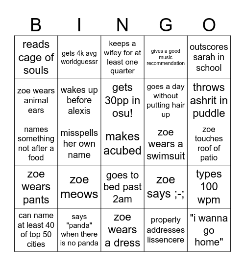 zoe bingo Card
