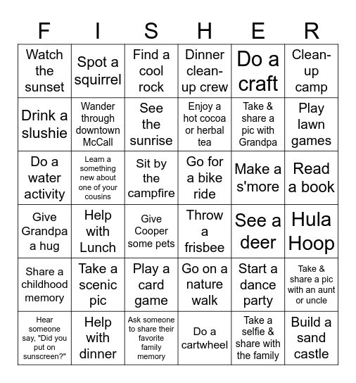 FISHER FAMILY REUNION - MCCALL 2026 Bingo Card