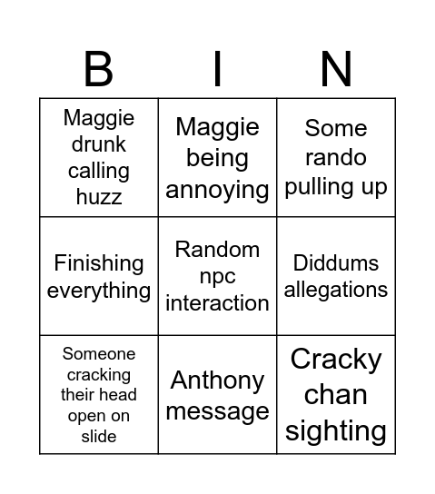 Monday Function Bingo Card