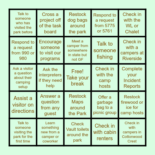RANGER BINGO Card