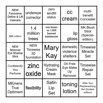 Mary Kay Product Bingo Card