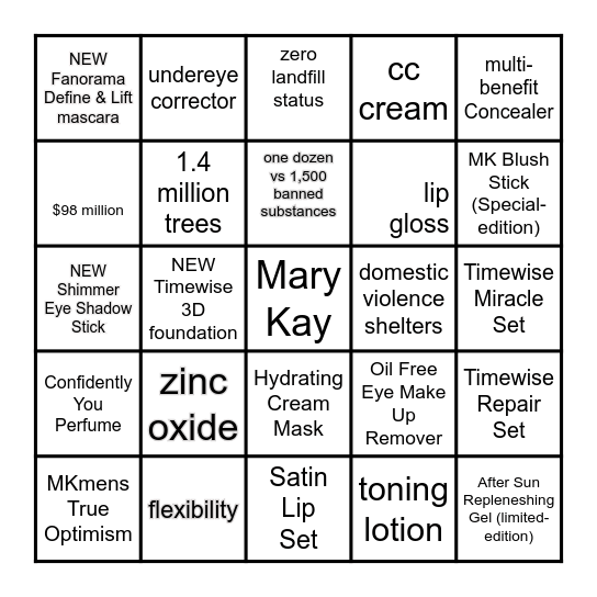 Mary Kay Product Bingo Card