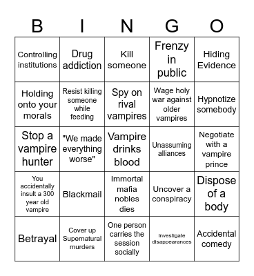 Vampire Bingo Card
