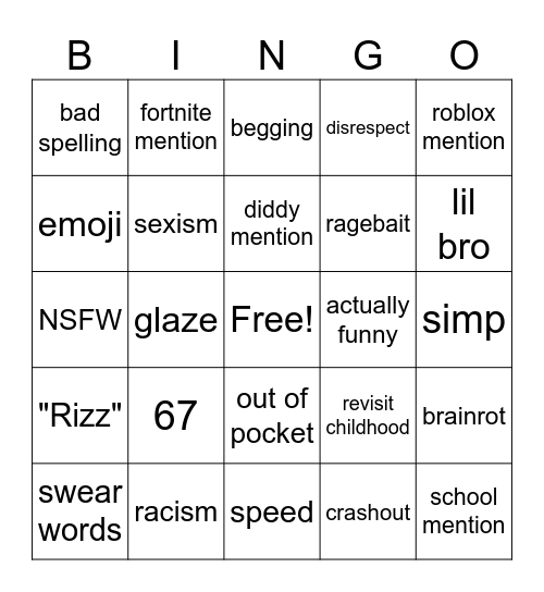 Gen Alpha Bingo Card