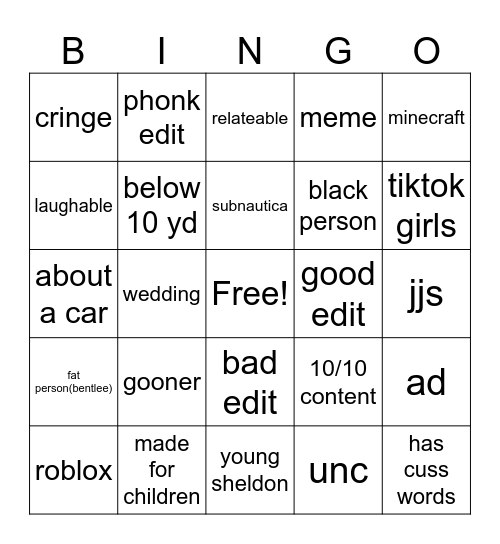 youtube shorts Bingo Card