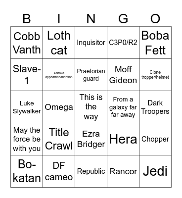 Mando and grogu Bingo Card