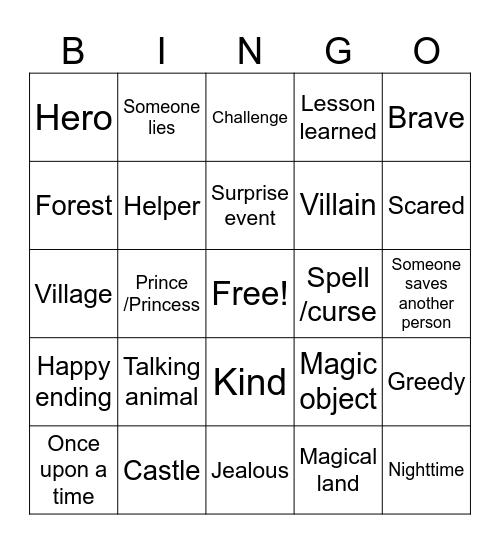 Fairy Tale Narrative Elements Bingo Card
