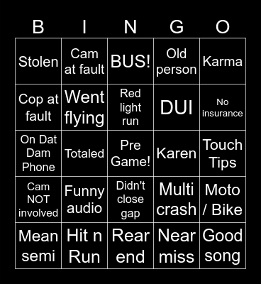 Aarbie's Dashcam Bingo Card