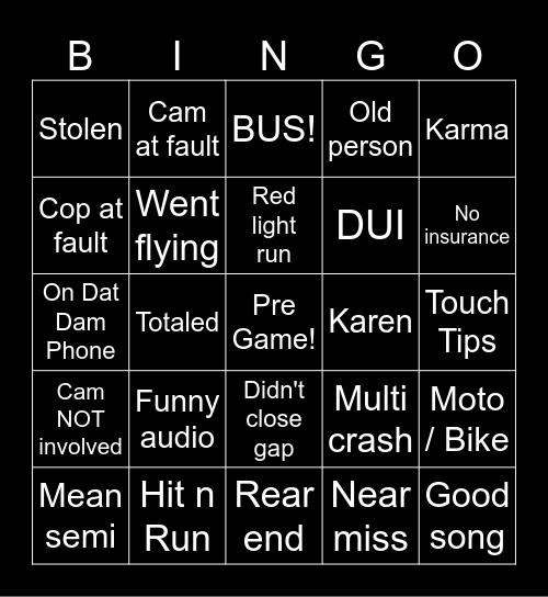 Aarbie's Dashcam Bingo Card