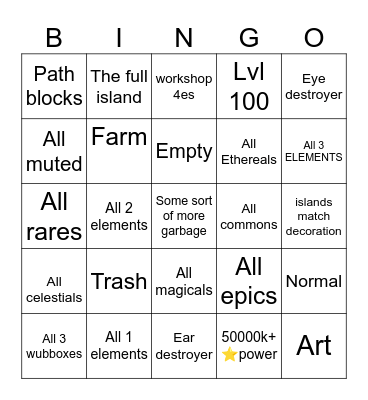 My Singing Monsters 2025 Bingo Card