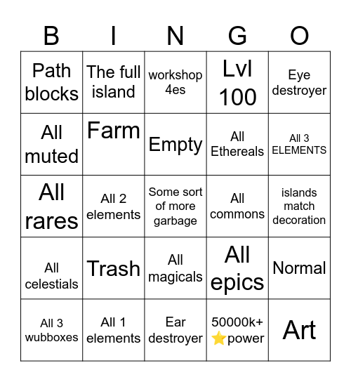 My Singing Monsters 2025 Bingo Card