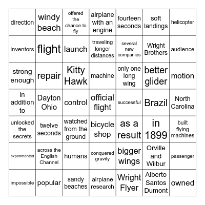 First in Flight Bingo Card