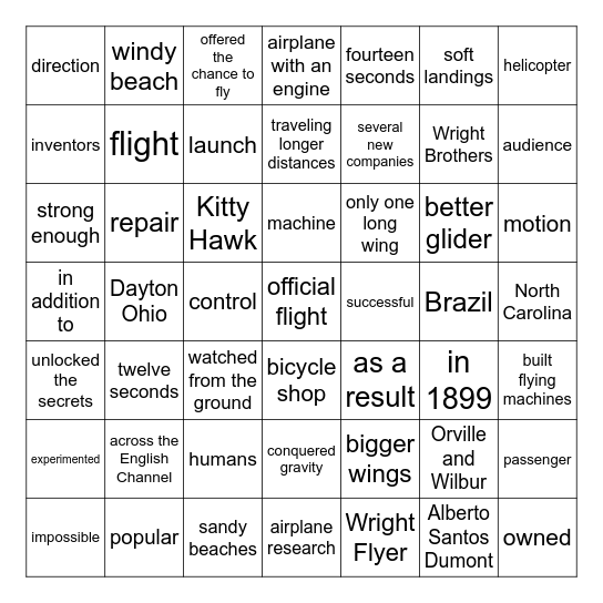 First in Flight Bingo Card