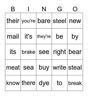 HOMOPHONES / SPRING /SL / 345 Bingo Card