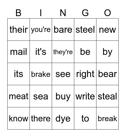 HOMOPHONES / SPRING /SL / 345 Bingo Card