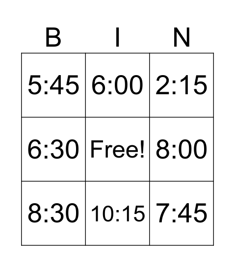 Hour Bingo Card