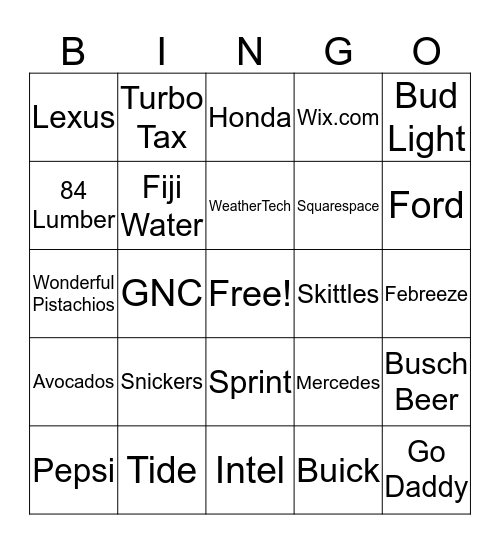 Super Bowl 2017 Bingo Card