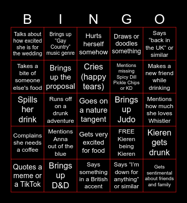 Kieren Bingo Challenge Bingo Card