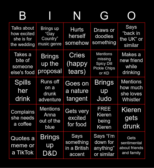 Kieren Bingo Challenge Bingo Card