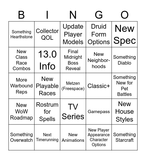 Blizzard Bingo Card