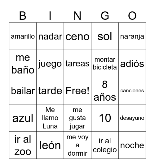 Rutina Bingo Card