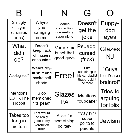Hayden Bingo Card