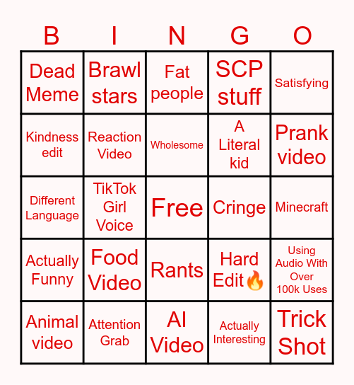 YouTube Shorts Bingo Card