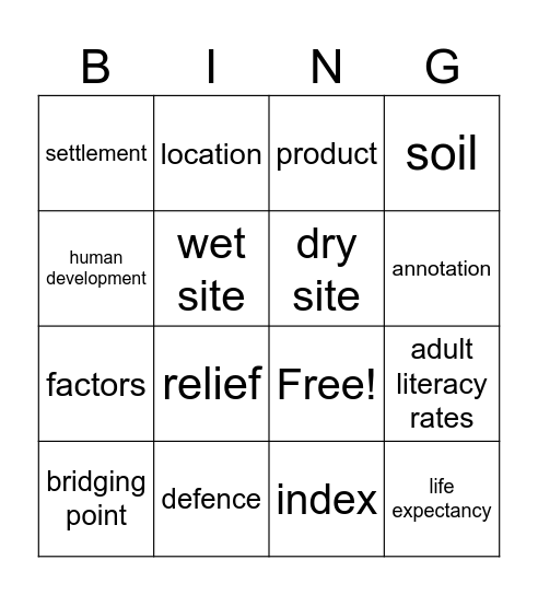 Y9 Geography - Development and Settlements Bingo Card