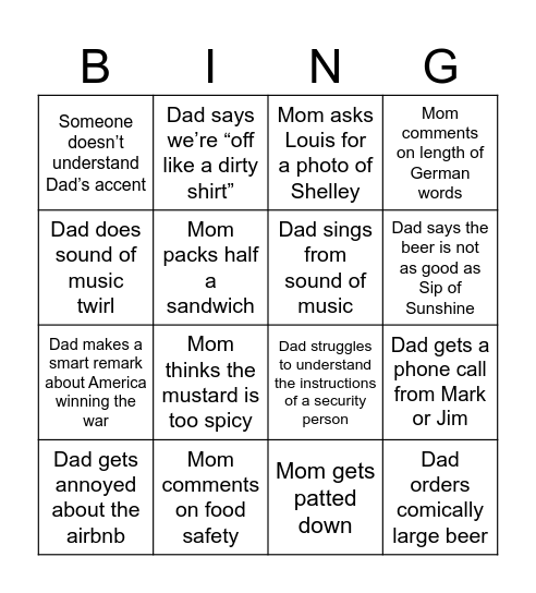 Mom & Dad Bingo Card