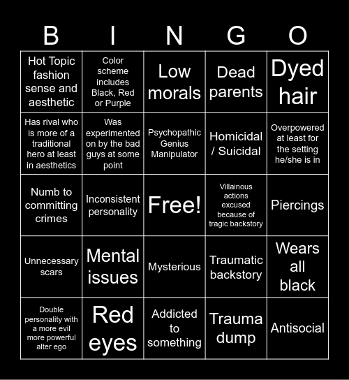 Classic Edgy Deviant-Art OC BINGO Card