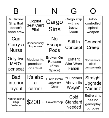 Star Citizen Ship Sin Bingo Card