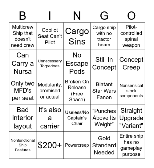 Star Citizen Ship Sin Bingo Card