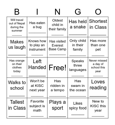 Class Bingo Card