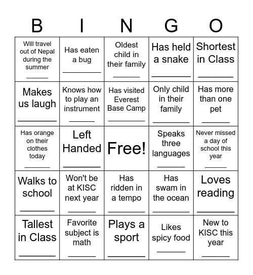 Class Bingo Card