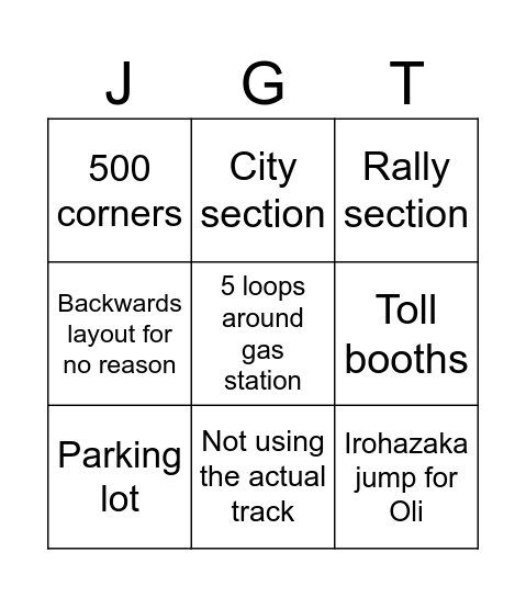 JGT Track Layout Bingo Card Bingo Card