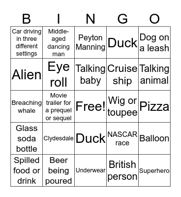 Super Bowl Commercial Bingo Card