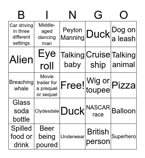 Super Bowl Commercial Bingo Card