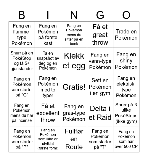 Pokémon GO bingo Card