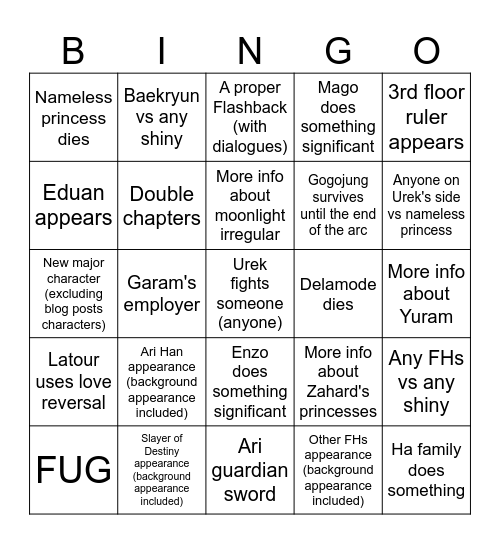 Tower of God: Urek Mazino Ari Family Arc Bingo Card