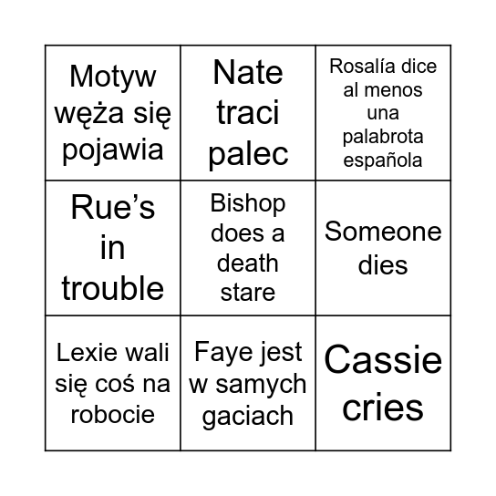 Euphoria Bingo Card