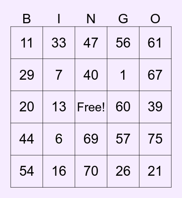 Bingo 1 Bingo Card