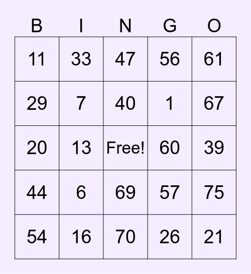 Bingo 1 Bingo Card