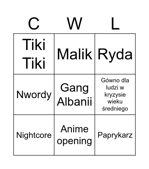 Song Request Bingo Card